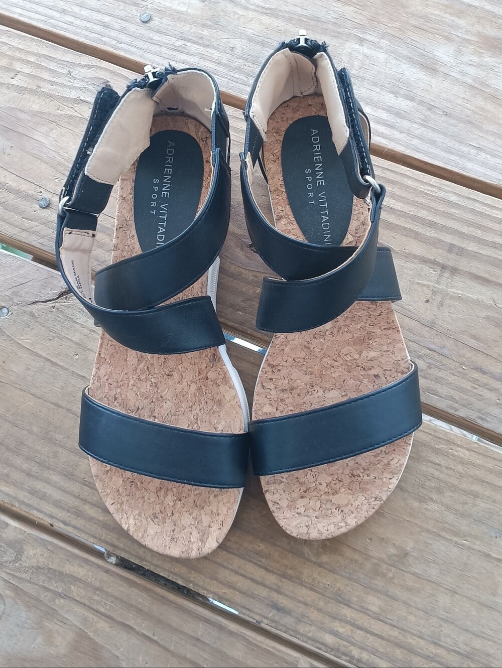 SOLD.   Adrienne Vittadini Black Cork Footbed Strappy Sandals with Ankle Buckle